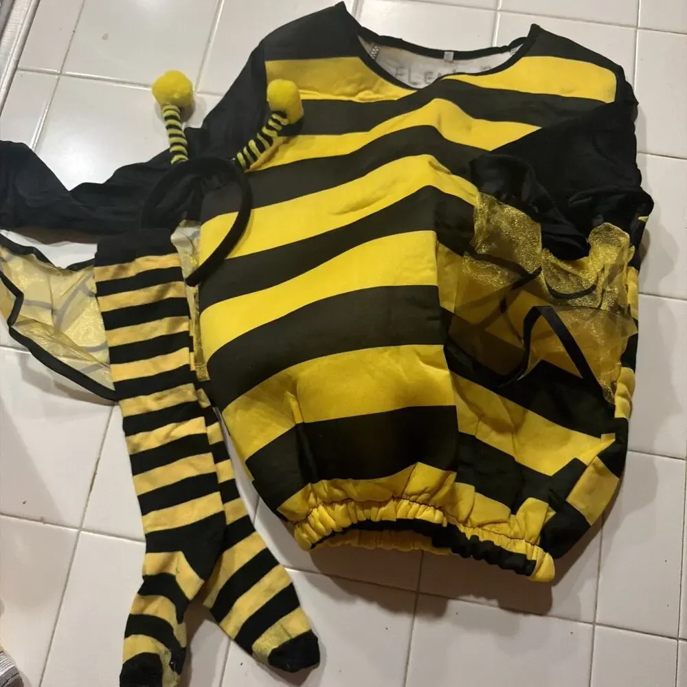 Girls Bumble Bee Costume Body Socks Headband Yellow Black Halloween M